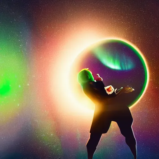 Prompt: Galactic Man eating universe, cinematic lightning, long shot, universal, northern lights, 8k, 4k, highly detailed,