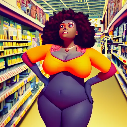 Image similar to stunning, coherent, symmetrical, still of black bbw woman in wal-mart, follow shot, 3d, in the style of pixar, comic book style, 3d, highly detailed, 16k resolution, octane renderer, coherent, cinematic lighting