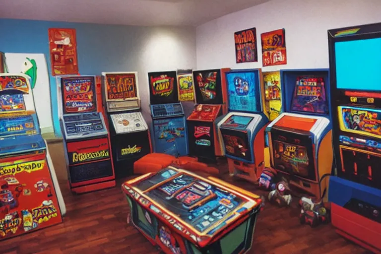 Image similar to photo of a 1 9 8 0 s video game room