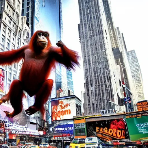 Image similar to a picture of a orangutan swinging in nyc times square, photorealistic