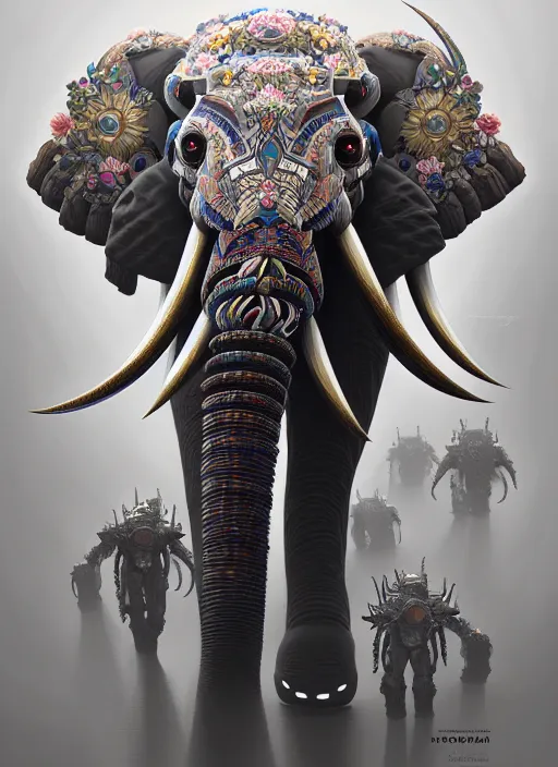 Image similar to symmetry!! portrait of a hybrid robot elephant, floral! horizon zero dawn machine, intricate, elegant, highly detailed, digital painting, artstation, concept art, smooth, sharp focus, illustration, art by artgerm and greg rutkowski and alphonse mucha, 8 k