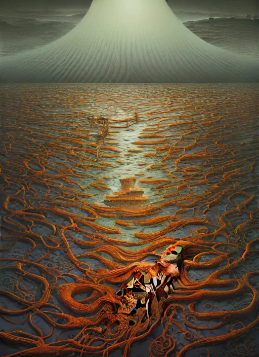 Image similar to hyper detailed 3d render like a Oil painting - blood in the water by Jacek Yerka, Mariusz Lewandowski, Houdini algorithmic generative render, Abstract brush strokes, Masterpiece, Edward Hopper and James Gilleard, Zdzislaw Beksinski, Mark Ryden, Wolfgang Lettl, hints of Yayoi Kasuma, octane render, 8k