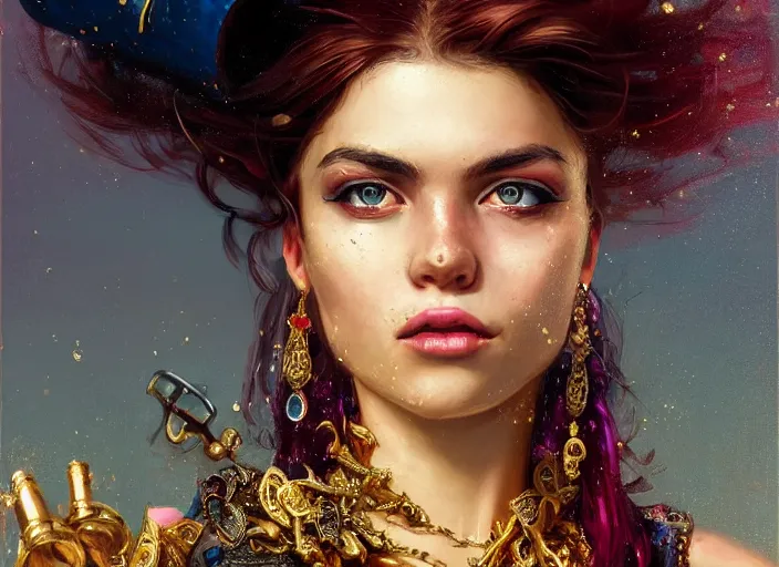 Prompt: full body picture of a pirate girl, hard breathing, messy hair, very excited, sparkling eyes, front of the treasure box, jewels and gold on the background, coveted, beautiful and aesthetic and attractive and detailed face, specular reflection, occlusion shadow, intricate, bokeh, masterpiece, by ilya kuvshinov and jeremy lipking and quentin mabille