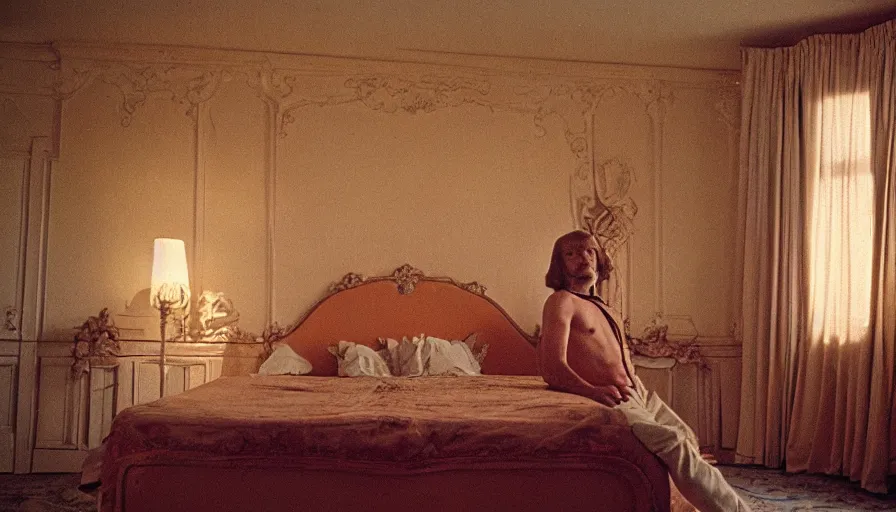 Image similar to 1 9 7 0 s movie still of the marc aurele hysteric on his bed in a antic palace, cinestill 8 0 0 t 3 5 mm, high quality, heavy grain, high detail, cinematic composition, dramatic light, anamorphic, ultra wide lens, hyperrealistic