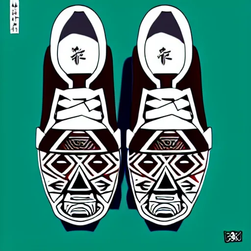 Image similar to sneaker design designed by studio ghibli, aztec mayan street fashion native punk sneaker design, majora's mask, wearing wooden mask, hip hop sneaker design with subtle mayan patterns, gapmoe yandere grimdark, trending on pixiv fanbox, painted by greg rutkowski makoto shinkai takashi takeuchi studio ghibli, akihiko yoshida