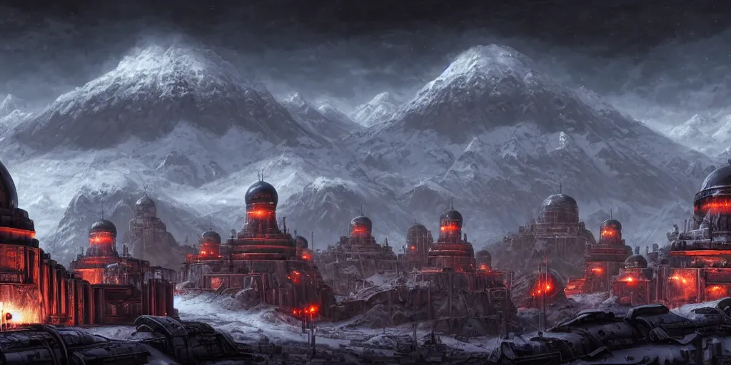 Prompt: a beautiful highly detailed matte painting of a huge imperial Russian futuristic brutalist military installation, close up intimate view, snow capped mountains in the background, black domes and radio spires with blinking lights, Space Hulk, WarHammer 40k by Jose Daniel Cabrera Pena and Leonid Kozienko, concept art-H 640
