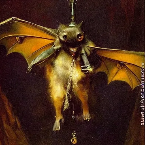 Prompt: a bat hanging from a chandelier by rembrandt and konstantin razumov, melancholy, psychedelic!, beautiful composition, vibrant colors, masterpiece