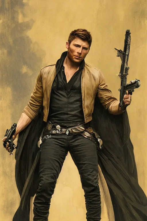 Image similar to a detailed matte portrait of an jensen ackles dressed as has solo after falling to the dark side, masterpiece, 8 k, art by alphonse mucha and greg rutkowski