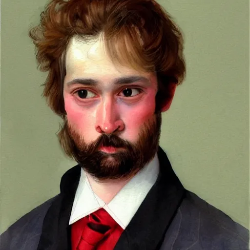 Image similar to Portrait of a handsome man with thick mutton chops. wearing a suit. colorful necktie, pale white face, long messy hair, long hair, ((red)) baggy eyes, tired eyes, tired face, disco smile, watercolor, brushstrokes, high detail, artstation, medium detail, by Ilya Repin