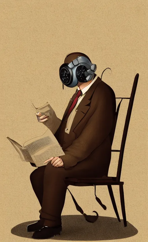 Image similar to old man, work, vintage dress, sittin, chair, book, gasmask, do, what, we, can, then, leave, it, to, god, non fiction, stability, intricate, elegant, 8 k, uhd, justify, content, center, artstation, concept art, matte, sharp focus, illustration, paul, lung