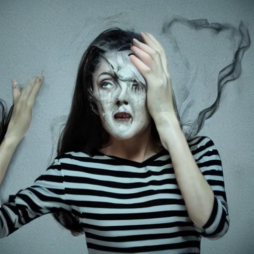 Image similar to a woman who is distorted like static disappearing from the world, scene from horror movie
