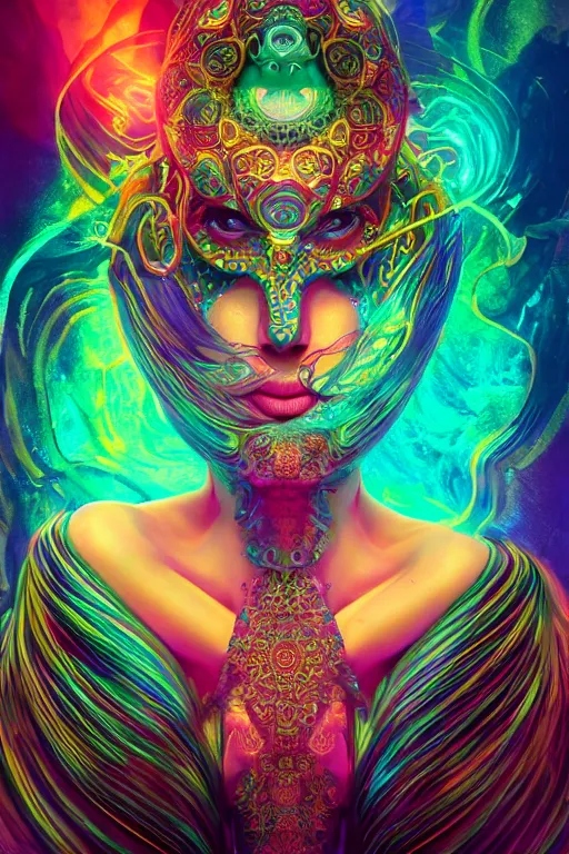 Image similar to a centered render of an alluring goddess wearing a psychedelic mask surrounded by a underwater ink pour and energy made from geometry and spiral mandel bulb fractals, powerful, cinematic, beautifully lit, by artgerm, by karol bak, 3 d, trending on artstation, octane render, 8 k