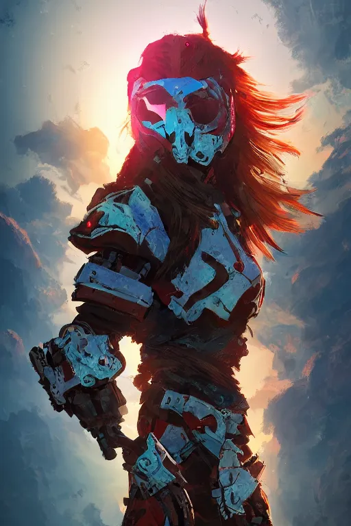 Image similar to combination suit armor aloy horizon forbidden west horizon zero dawn radiating a glowing aura global illumination ray tracing hdr fanart arstation by ian pesty and alena aenami artworks in 4 k tribal robot ninja mask helmet backpack