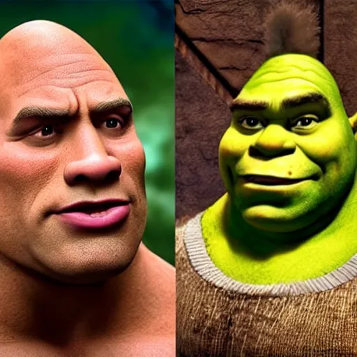 Prompt: Shrek played by the Rock, Dwayne the Johnson had to get fat for this, upcoming film