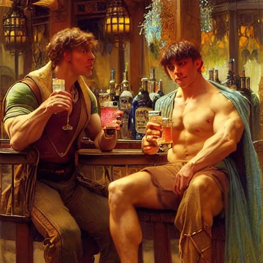 Image similar to attractive muscular arthur pendragon and muscular attractive merlin go to a pub together to have some drinks. highly detailed painting by gaston bussiere, craig mullins, j. c. leyendecker, alphonse mucha 8 k