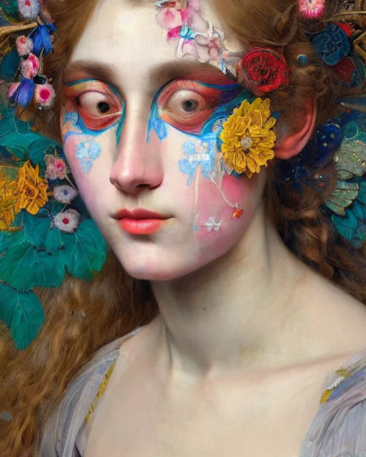 Image similar to a beautiful girl wearing colourful face paint surrounded by colourful intricate patterns, by edgar maxence and caravaggio and michael whelan, intricate painting, hyper realistic, extremely detailed and beautiful aesthetic face, 8 k resolution