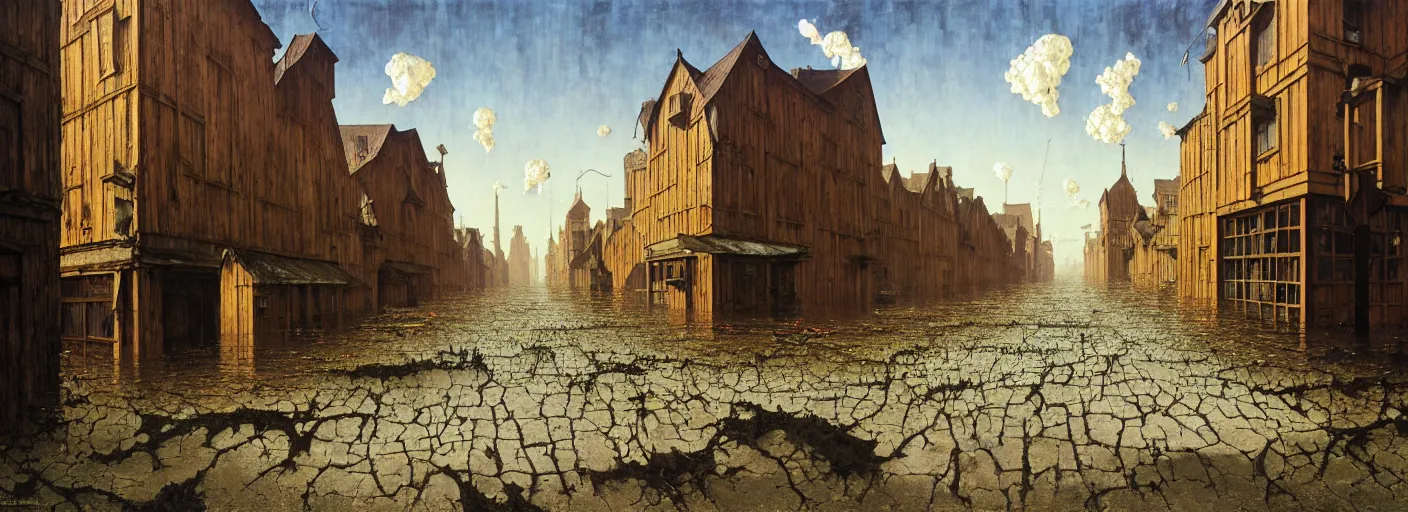 Image similar to flooded old wooden empty cursed city street, very coherent and colorful high contrast masterpiece by norman rockwell franz sedlacek rene magritte gediminas pranckevicius, full - length view, dark shadows, sunny day, hard lighting, reference sheet white background