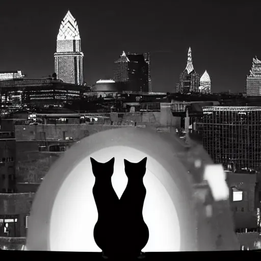 Prompt: photo of black photo of a Tuxedo Cat wearing a top hat, sitting on a rooftop at night time, Philadelphia skyline at night in the background