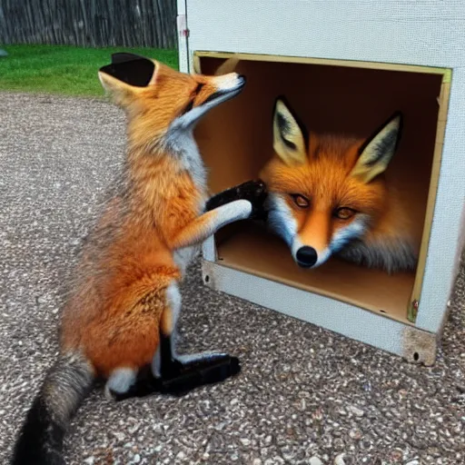 Prompt: Fox that is trapped inside a box