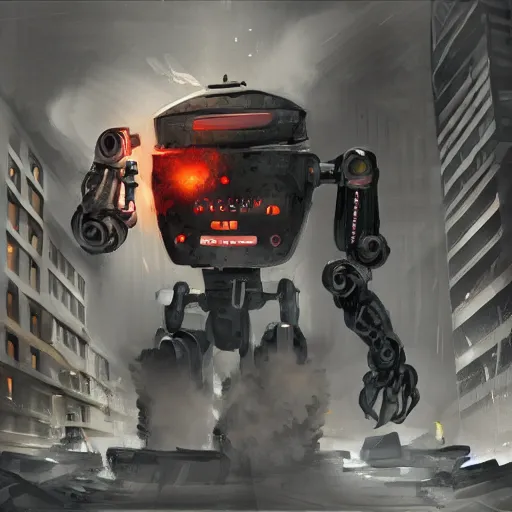 Image similar to a menacing robot furiously punching a building, concept art, highlt detailed