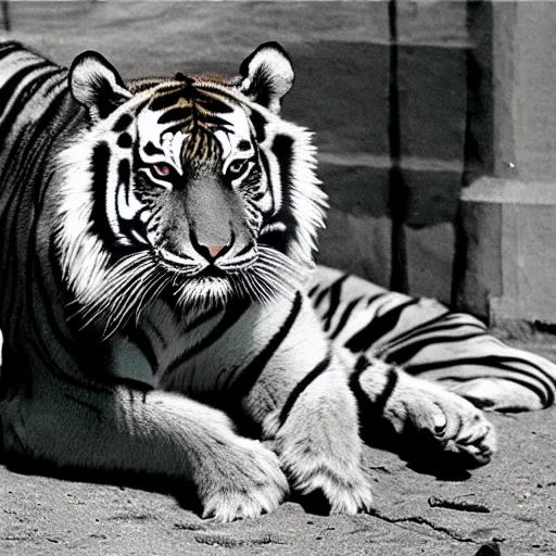 Image similar to an old photo of a tiger with a general's outfit