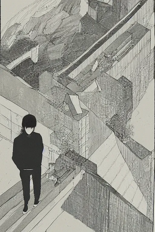 Prompt: tatsuki fujimoto illustration, two men standing at the edge of reality, dynamic perspective, intricate scenery, y 2 k, unknown