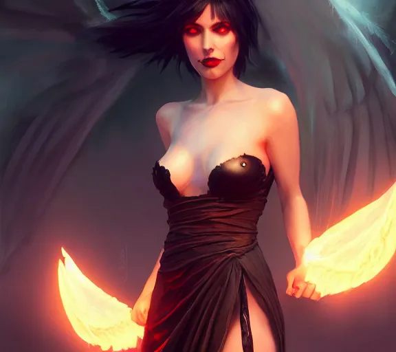 Image similar to morrigan aenslandcasting magic, a charming succubus, strapless dress, fantasy, d & d, by greg rutkowski and raymond swanland, sharp focus, trending on artstation, 8 k realistic digital art, cryengine, symmetric, sharp focus, concept art, frostbite 3 engine