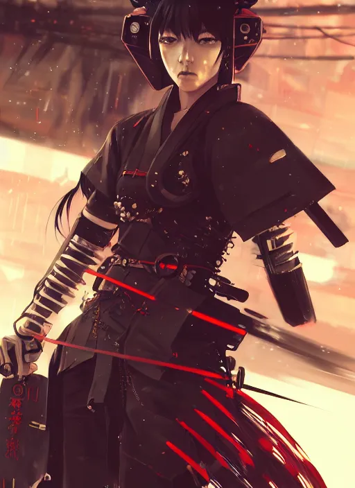 Image similar to very cool cyberpunk samurai girl, battle pose, laser swords, beautiful, detailed portrait, intricate complexity, concept art by krenz cushart, kyoto animation, wlop. 4 k, beautiful, cinematic dramatic atmosphere, sharp focus