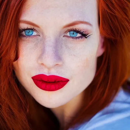 Image similar to close up portrait photo of the left side of the face of a redhead woman with blue eyes and big black round pupils and red lips who looks directly at the camera. Slightly open mouth, face covers half of the frame, with a park visible in the background. 135mm nikon. Intricate. Very detailed 8k. Sharp. Cinematic post-processing. Award winning photography