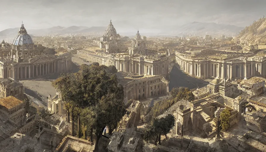 Prompt: craig mullins digital illustration of vatican city in 1 4 9 2, strong contrast, sunny morning, raking light, unreal engine, hyper realism, realistic shading, cinematic composition, realistic render, octane render, detailed textures, photorealistic, wide shot