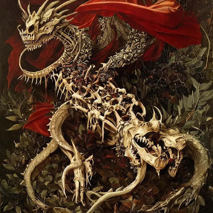 Prompt: portrait of a dragon skeleton, a wreath of thorns, snakes, smoke, flames, full-length, oil painting in a renaissance style , very detailed, haunted background, painted by Caravaggio, Greg rutkowski, Sachin Teng, Thomas Kindkade, Alphonse Mucha, Norman Rockwell, Tom Bagshaw