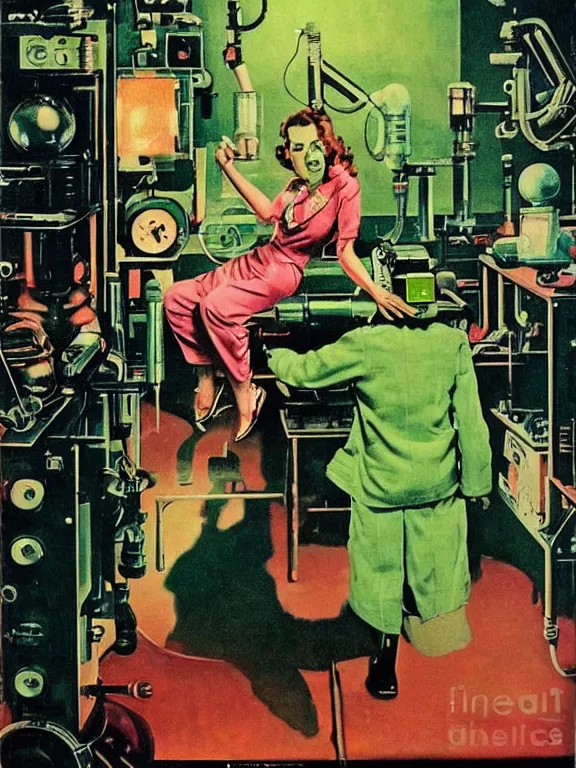 Prompt: a female mad scientist and a retro robotic!!! man!!!, in a darkly lit laboratory room, 1 9 5 0 s horror film movie poster style, ( norman rockwell oil painting ), retro science fiction, vintage, saturated pink and green lighting, shadowy lighting