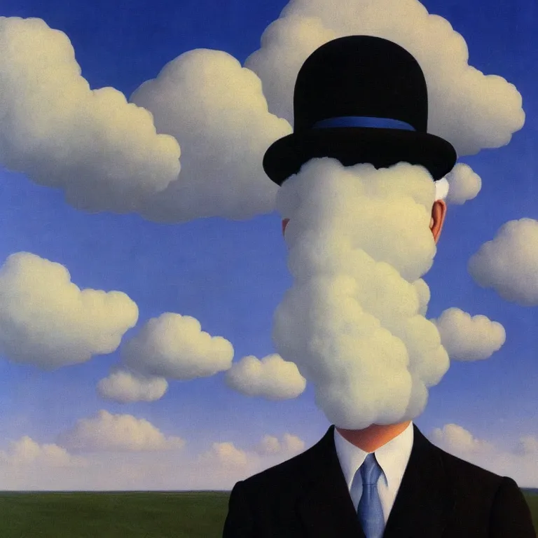 Image similar to portrait of a cloud man by rene magritte, detailed painting, hd, hq, high resolution, high detail, 4 k, 8 k