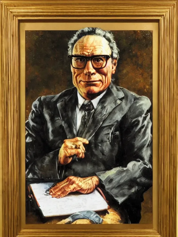 Image similar to portrait of isaac asimov, in a style blend of norman rockwell and frederick remington and mort kunstler, oil painting, volumetric lighting, intricate details