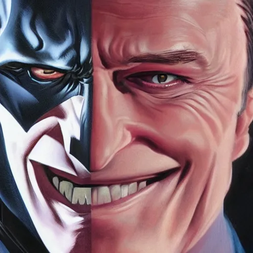 Image similar to An ultra-realistic portrait painting of Batman smiling in the style of Alex Ross. 4K. Ultra-realistic. Highly detailed. Epic lighting.