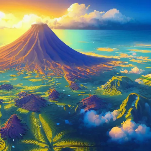 Prompt: a painting a breathtaking aerial view of Hawaiian islands, surrounded by palm trees, clouds, flowers, volcano, azure ocean, sunlight glistening, glow, , a detailed matte painting by sylvain sarrailh, Stephan Martinière, by RHADS, Makoto Shinkai, bokeh, Artstation contest winner, fantasy art, concept art, #vfxfriday