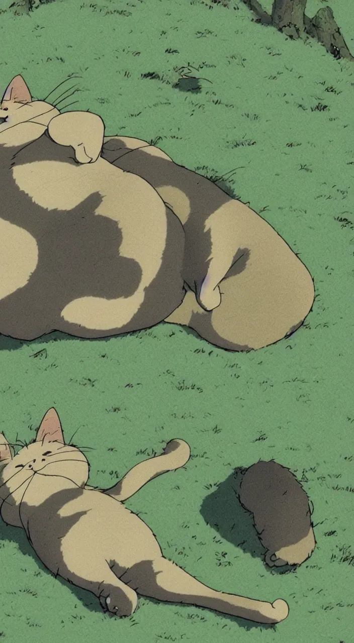 Prompt: fat cat rolling down a hill, screenshot from the film by studio ghibli