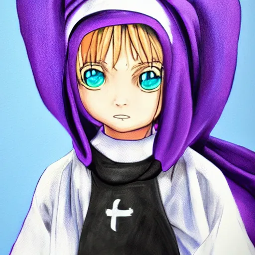 Image similar to little boy wearing nun outfit. purple and black color palate, detailed soft painting, made in abyss art style, inspired in hirohiko araki, anatomically correct