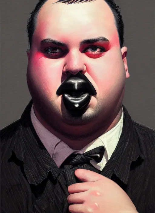 Image similar to portrait of a plump man with a crooked nose and a confident expression, 1 9 6 0 s, black clothes, goth, punk, brightly coloured hair, funk, intricate, elegant, highly detailed, digital painting, artstation, concept art, smooth, sharp focus, illustration, art by wlop, mars ravelo and greg rutkowski