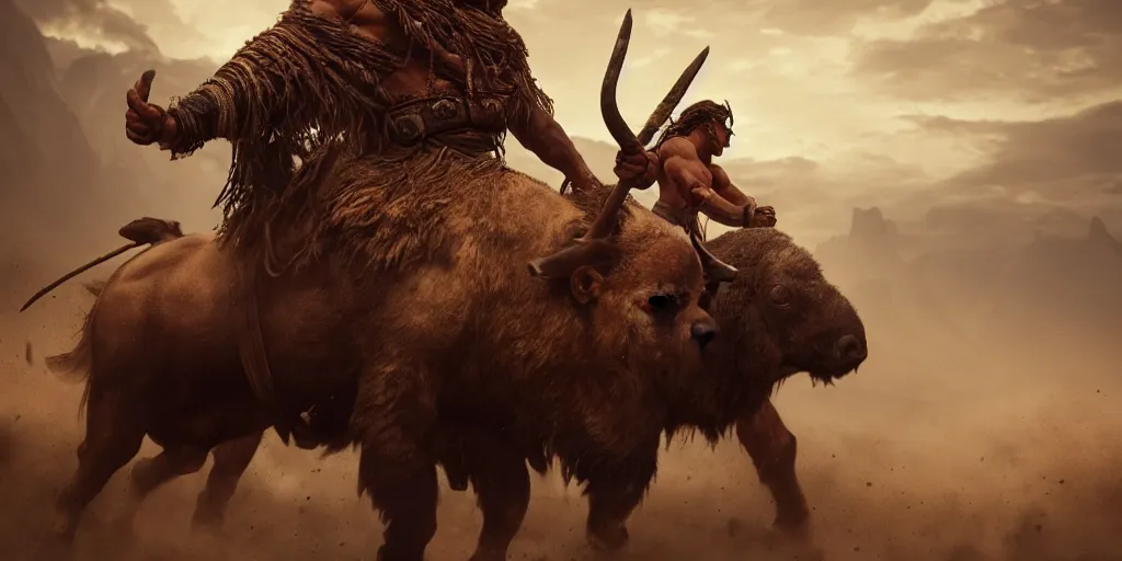 Image similar to an ancient tribesman driving an ancient motorcycle, hunting bisons , symmetrical face, muscular body, attacking, chase, action scene, an epic fantasy, dramatic lighting, cinematic, establishing shot, extremely high detail, photorealistic, cinematic lighting, artstation, octane render, western,old photo, vintage