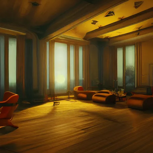 Prompt: retro virtual interior, crisp, artstation, luxury, beautiful, dim painterly volumetric aquatic sunset lighting, 3 d concept art