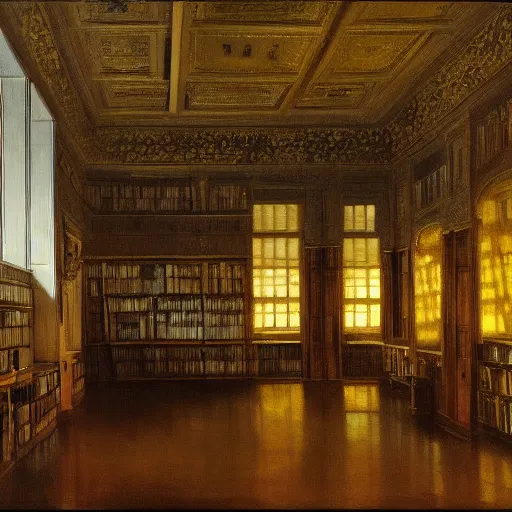 Image similar to painting of an empty dishelved studying room with yellow light from above, books scattered, highly detailed, intricate, dark colors, j. m. w turner, 8 k, intricate, dramatic lighting