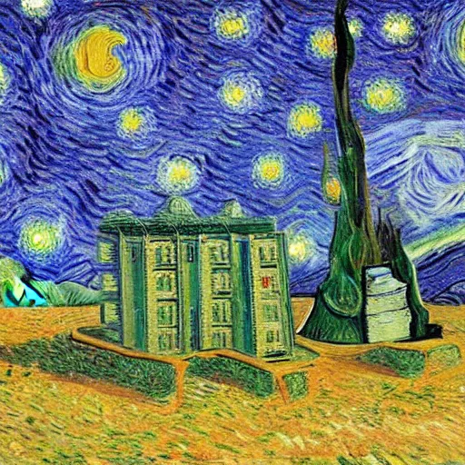 Image similar to starry night on mars, green towers, painting by van gogh