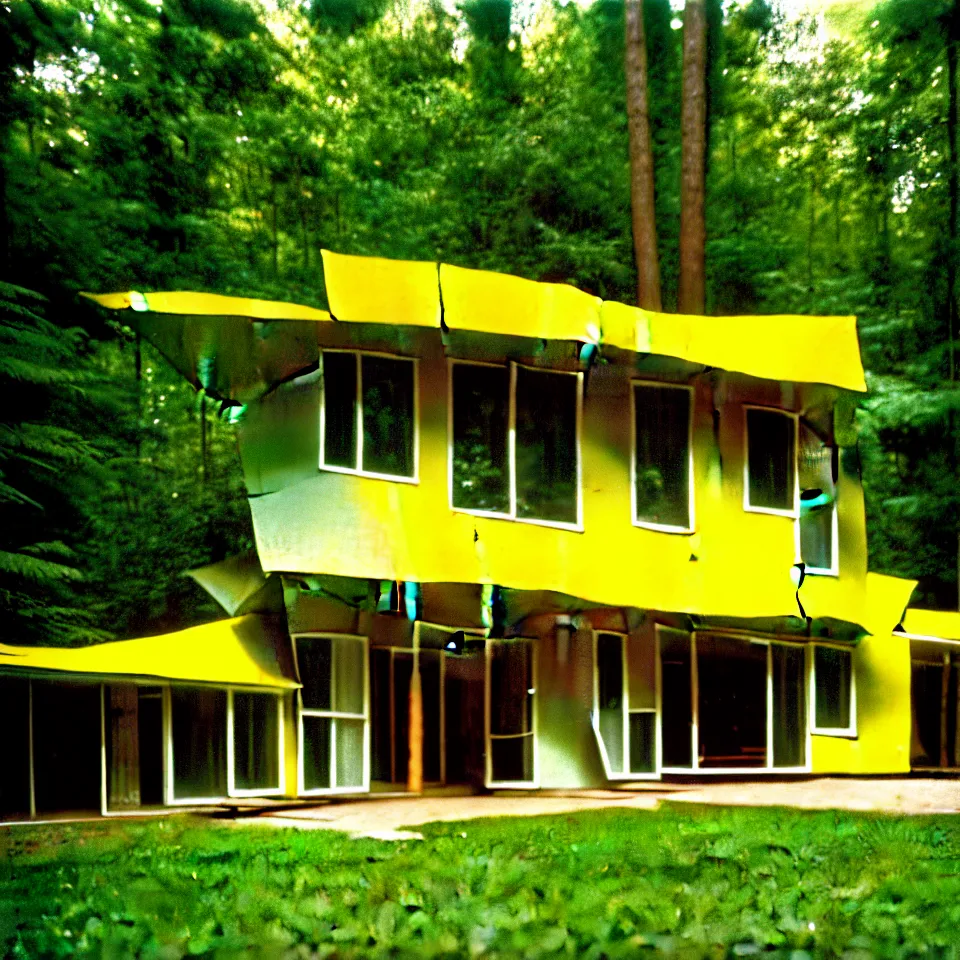 Image similar to a mid-century modern house with big tiles, from afar, in a forest, designed by Frank Gehry. Film grain, cinematic, yellow hue