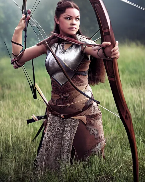 Image similar to photo of world, full body, women with a bow and arrow, female archer, warrior, realistic face