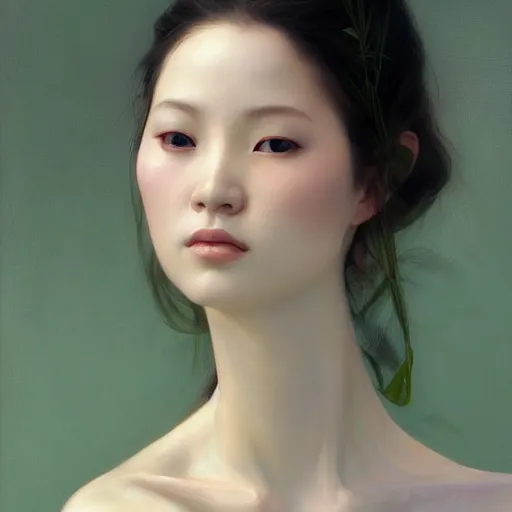 Image similar to yanjun cheng portrait of a beautiful vietnamese woman, intricate, detailed, symmetric face, by wlop and karol bak and bouguereau and santiago caruso