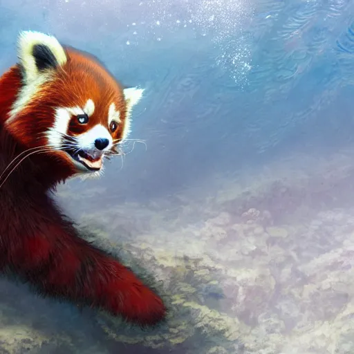 Prompt: commissioned portrait of a furry anthro female red panda scuba diving underwater, painted todd lockwood, jeff easley, greg rutkowski, james gurney, artgerm, digital art, trending on artstation