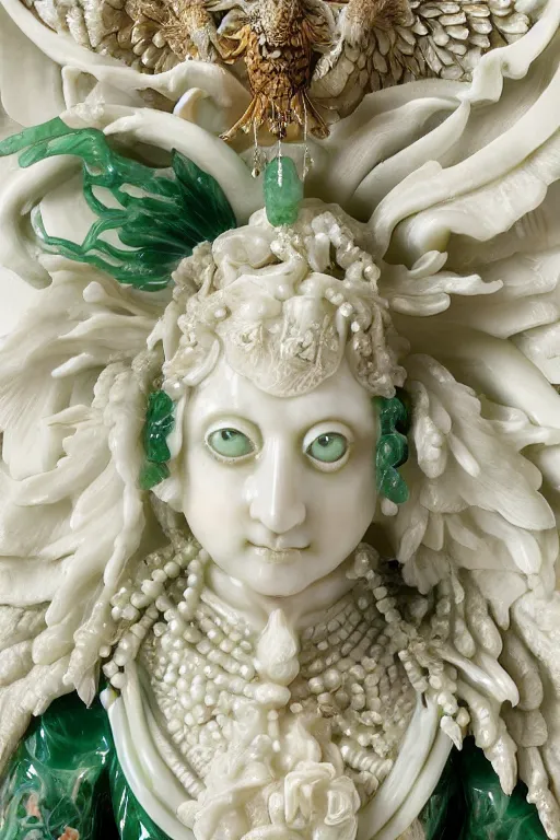 Image similar to a closeup photo, rococo alabaster and jade real delicate ceramic porcelain sculpture of an ornate detailed vulture goddess in front of an intricate background by rafael, micro detail, backlit lighting, subsurface scattering, translucent, thin porcelain, emerald, jade, octane renderer, colorful, physically based rendering, trending on cgsociety