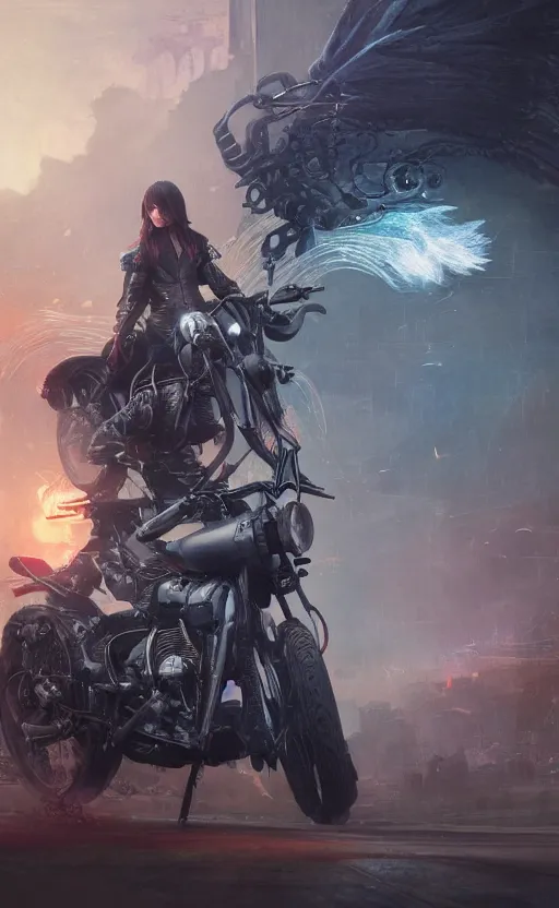 Image similar to a girl from final fantasy live action, dieselpunk motorcyclist, evocative, mystical night, very very very very detailed, award winning, masterpiece digital painting by greg rutkowski, alex grey, artstation, 4 k wallpaper