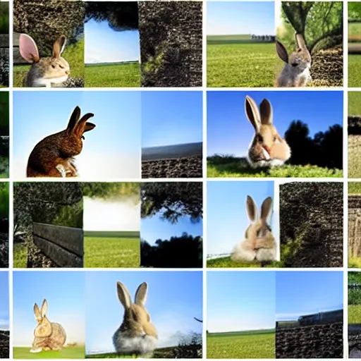 Image similar to a video of a rabbit jumping up over a fence, shown as a film strip showing 9 stills in a grid